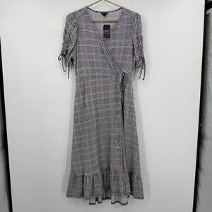 Torrid Plaid Wrap Midi Dress Ruched Sleeves Black Gray Purple Women’s 00 (M/L10)